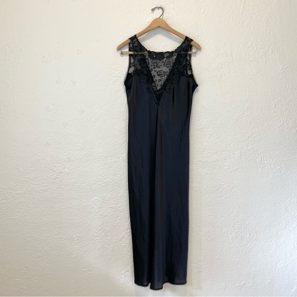 Vintage Slip Dress Black Satin Mesh Embroidered Goth Gothic Whimsigoth Small S - Picture 11 of 14